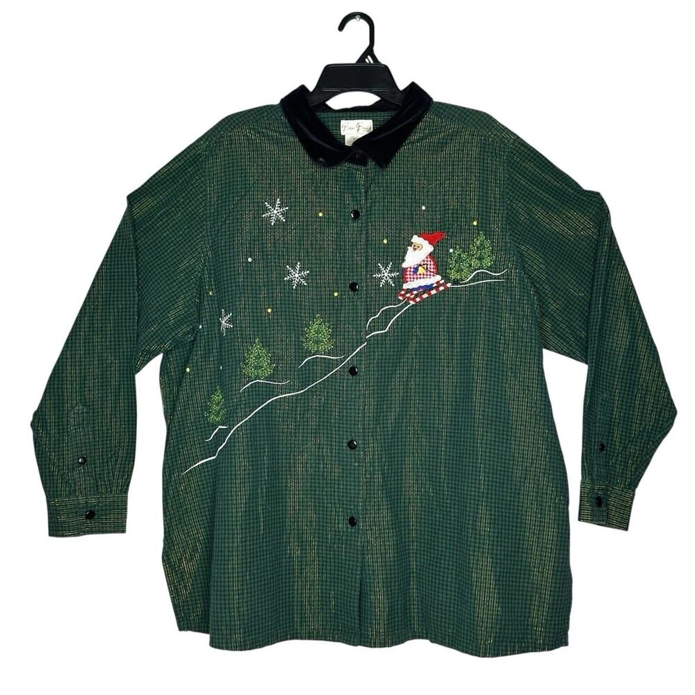 Bobbie Brooks Holiday Blouse Green Metallic Long Sleeve Velveteen Collar 26W/28W